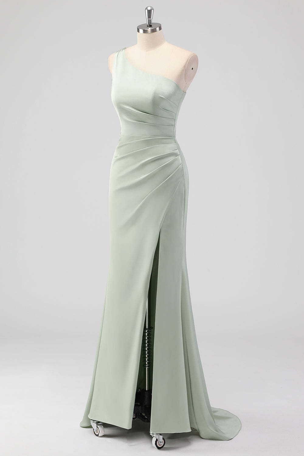 One Shoulder Sage Green Sheath Ruched Bridesmaid Dress with Slit