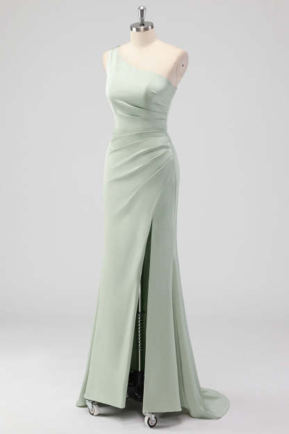 One Shoulder Sage Green Sheath Ruched Bridesmaid Dress with Slit