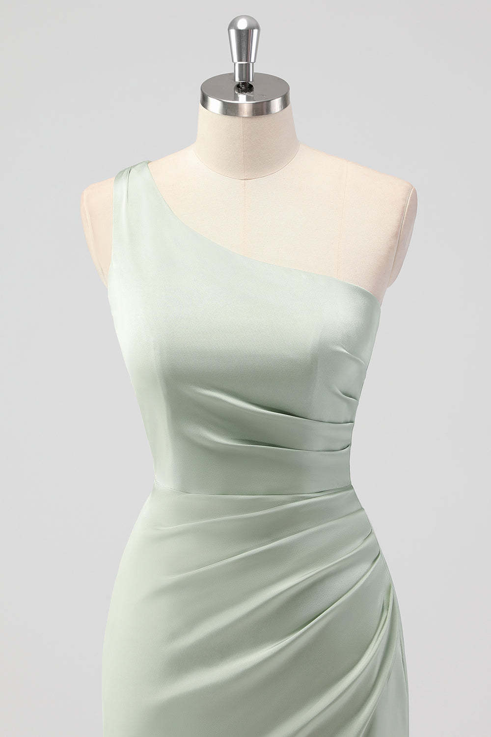 One Shoulder Sage Green Sheath Ruched Bridesmaid Dress with Slit