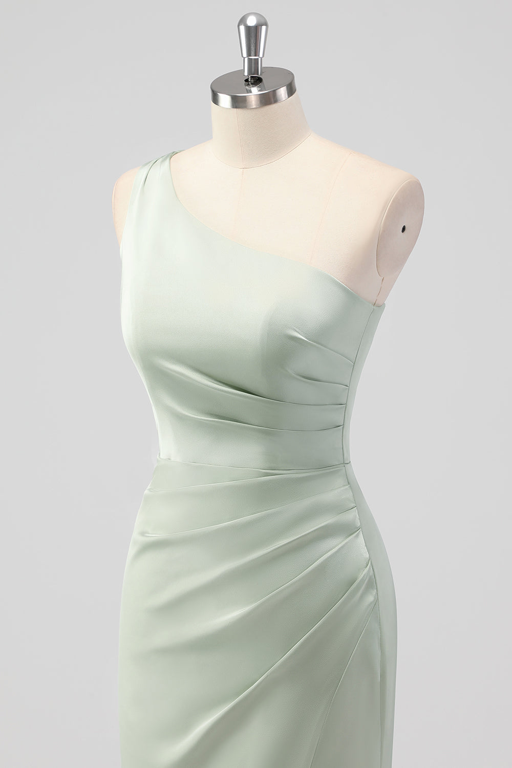 One Shoulder Sage Green Sheath Ruched Bridesmaid Dress with Slit