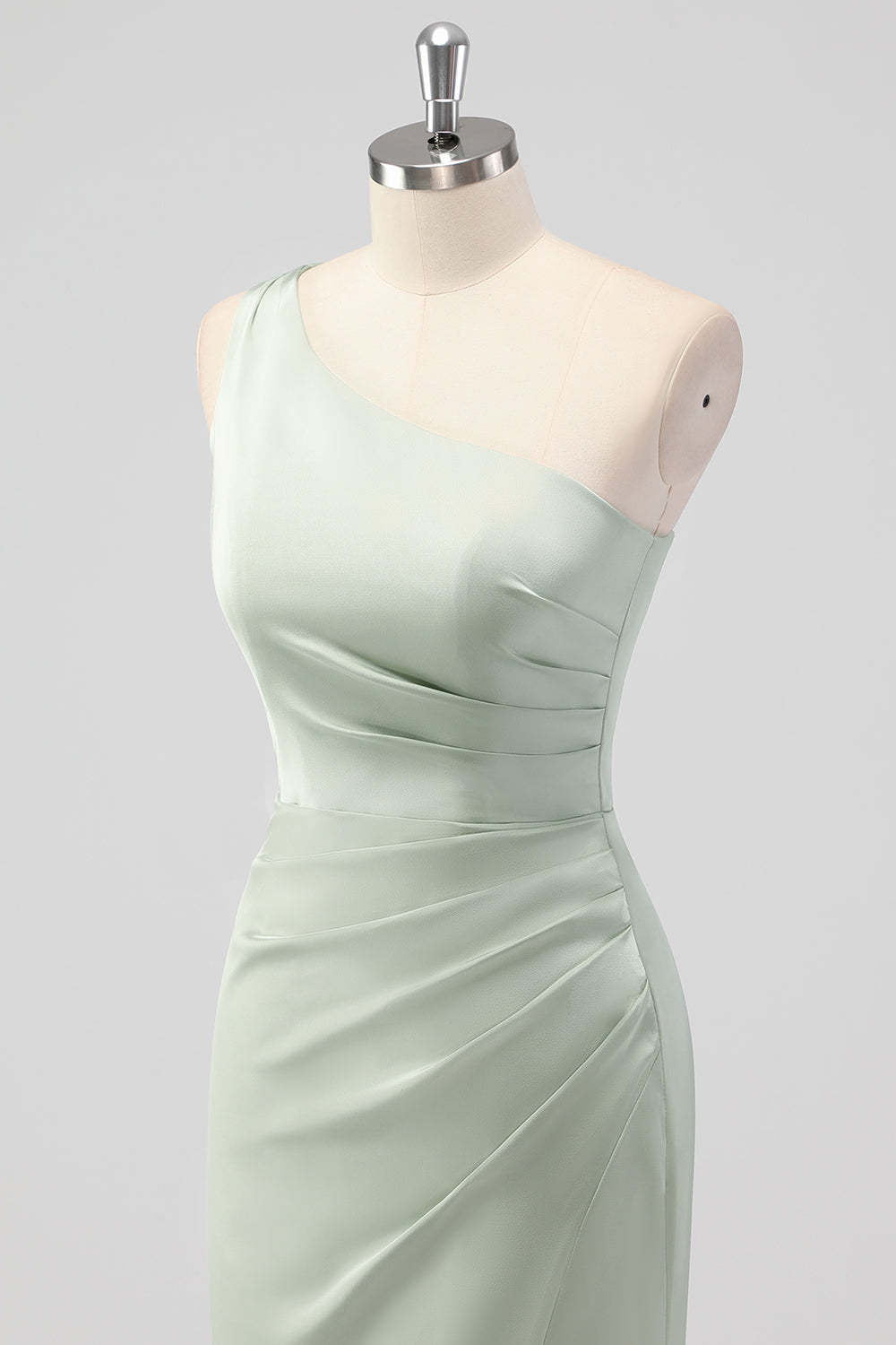 One Shoulder Sage Green Sheath Ruched Bridesmaid Dress with Slit