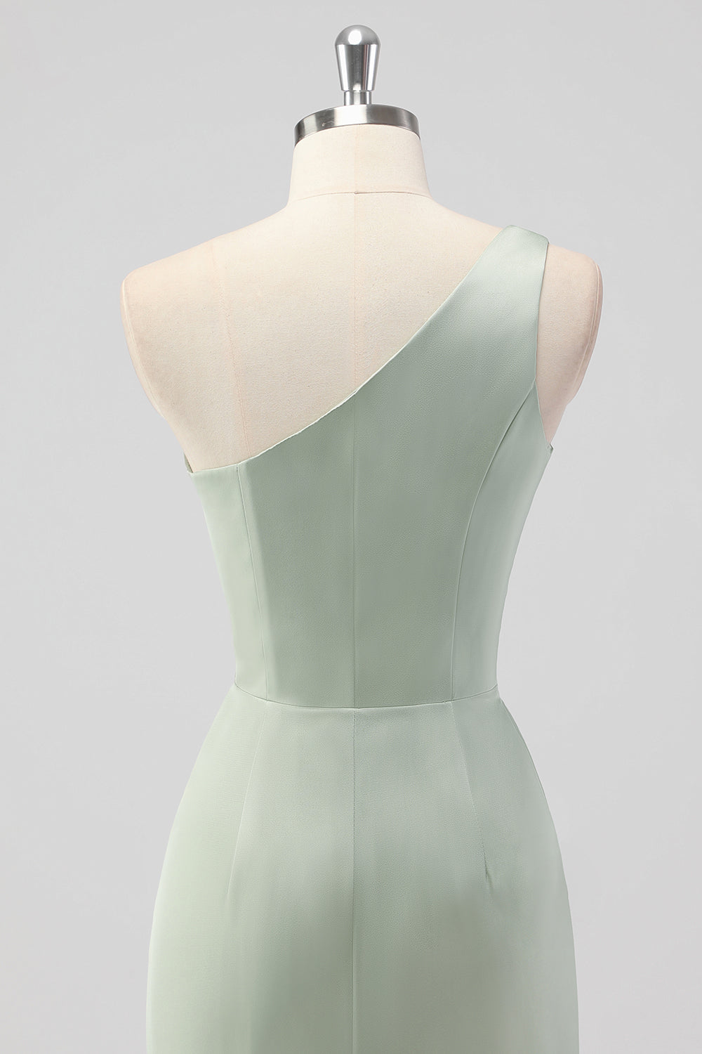 One Shoulder Sage Green Sheath Ruched Bridesmaid Dress with Slit
