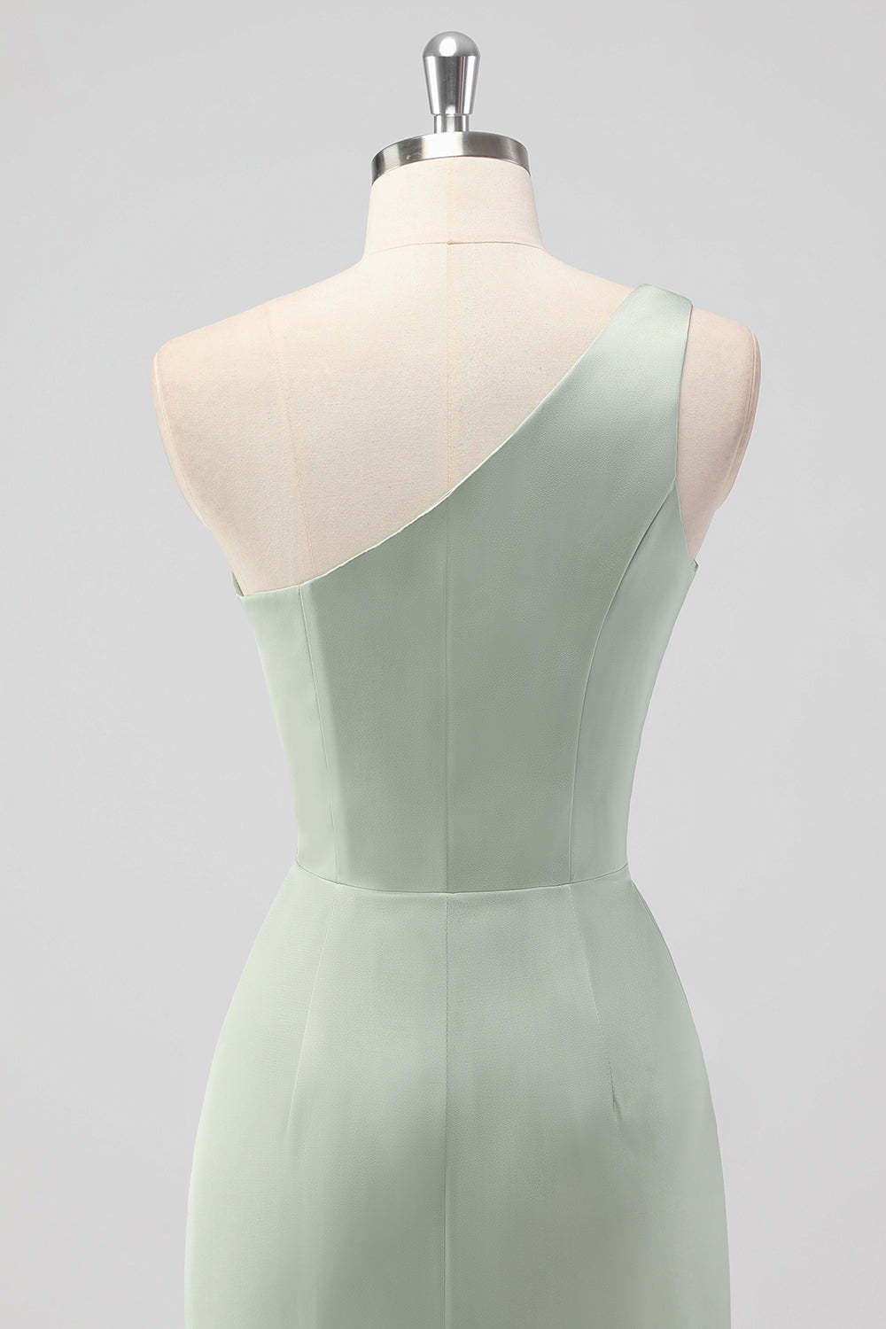 One Shoulder Sage Green Sheath Ruched Bridesmaid Dress with Slit