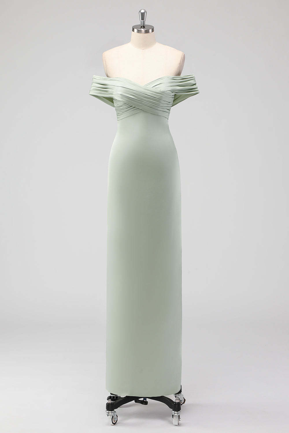Leely Women Off the Shoulder Sage Green Sheath Bridesmaid Dress Satin Pleated Long Wedding Guest Dress