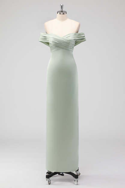 Leely Women Off the Shoulder Sage Green Sheath Bridesmaid Dress Satin Pleated Long Wedding Guest Dress