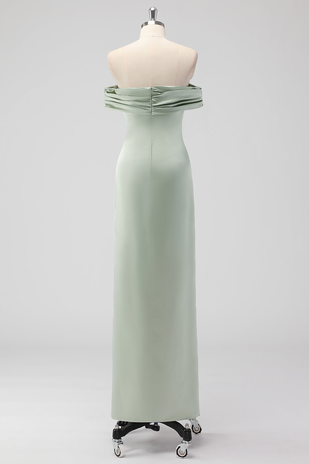 Off the Shoulder Sage Green Sheath Satin Bridesmaid Dress