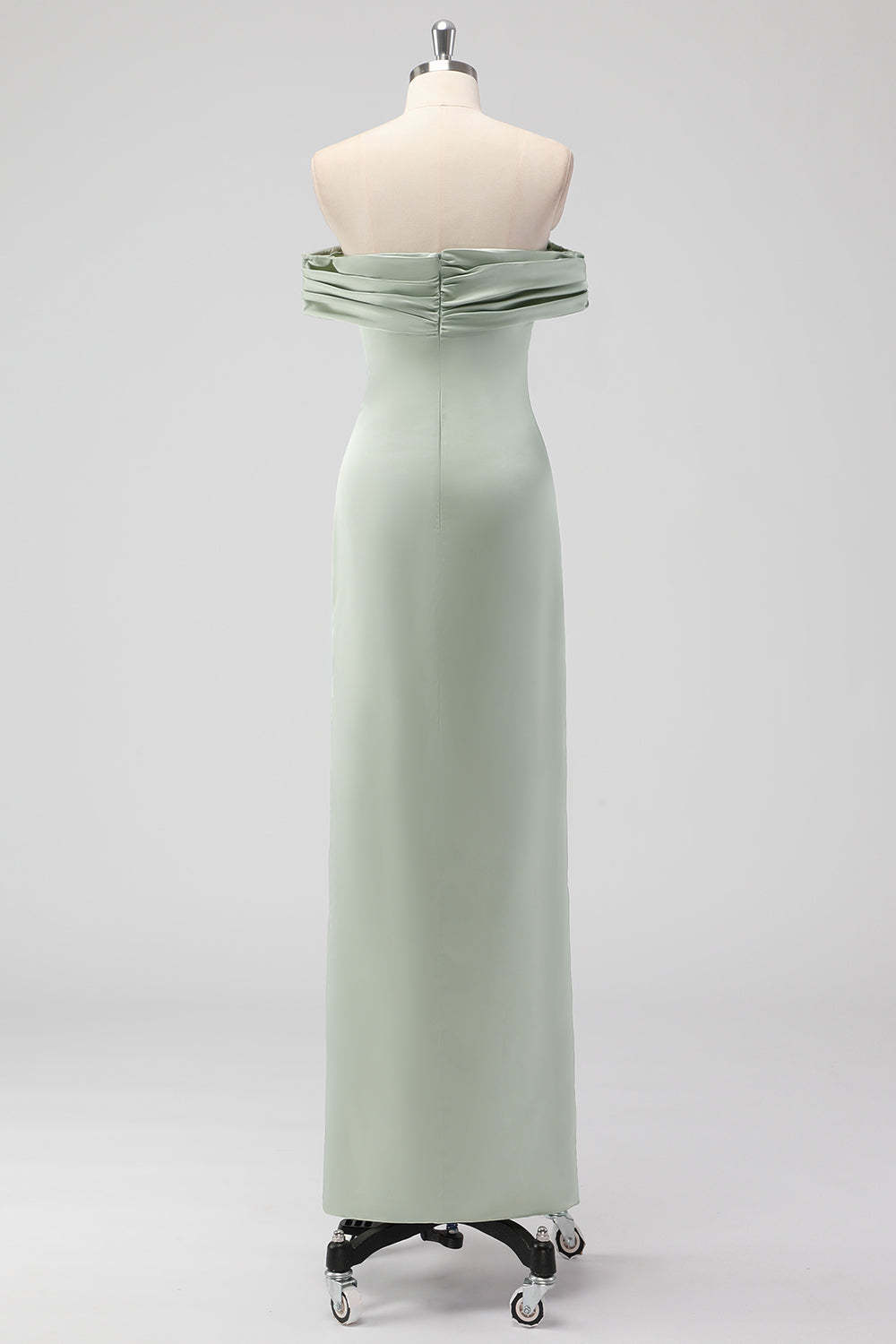 Off the Shoulder Sage Green Sheath Satin Bridesmaid Dress