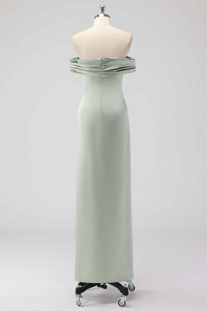 Off the Shoulder Sage Green Sheath Satin Bridesmaid Dress