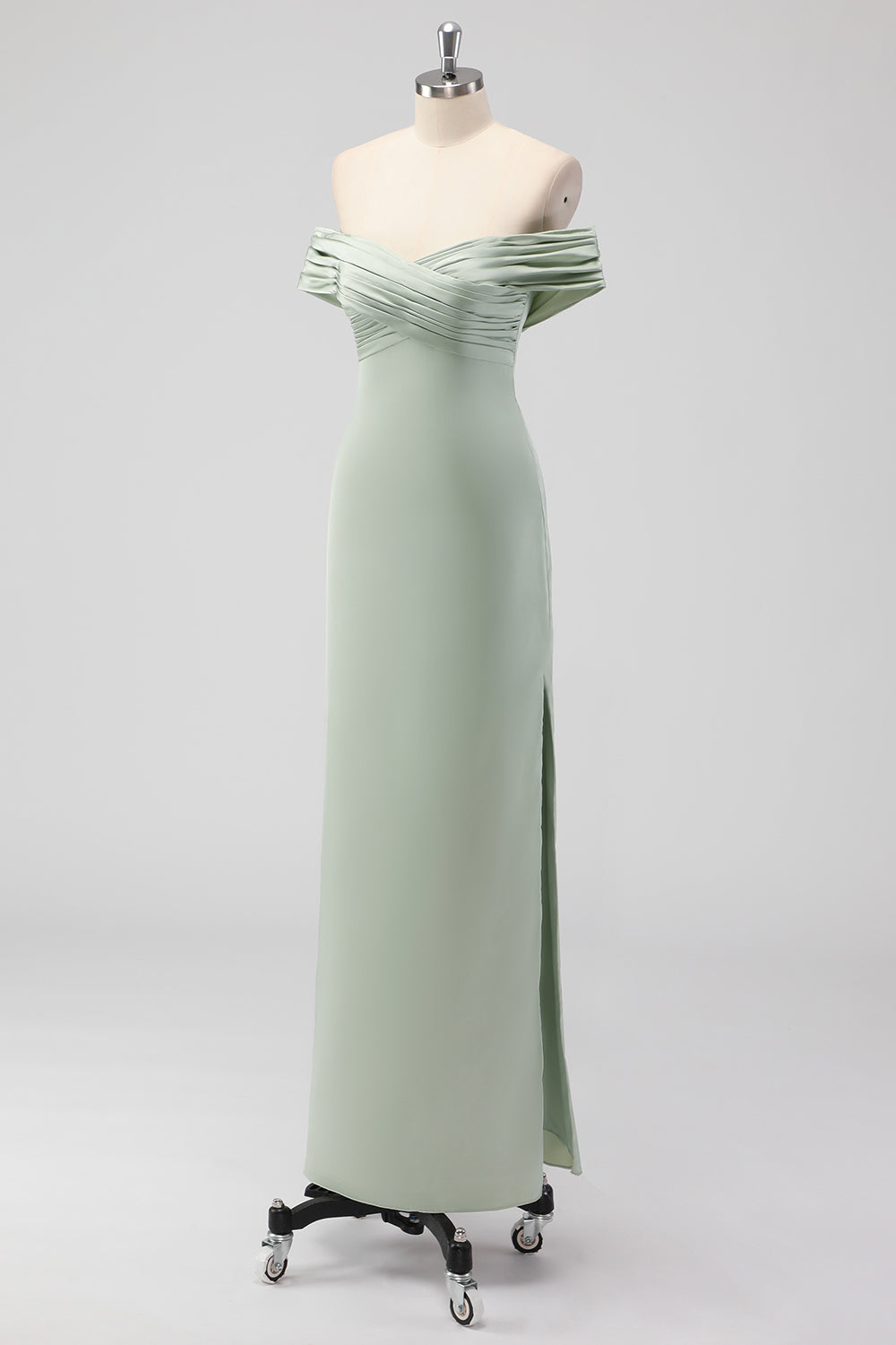 Off the Shoulder Sage Green Sheath Satin Bridesmaid Dress