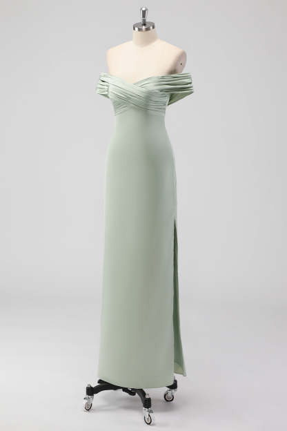 Off the Shoulder Sage Green Sheath Satin Bridesmaid Dress