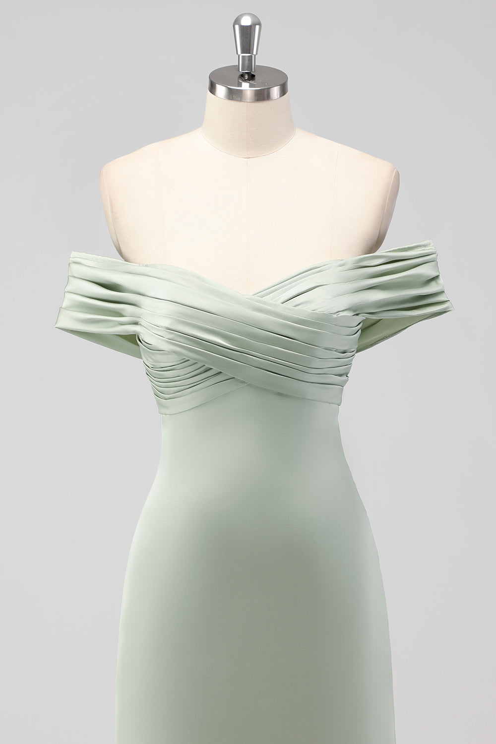 Off the Shoulder Sage Green Sheath Satin Bridesmaid Dress