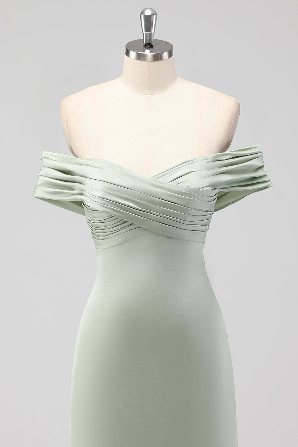 Off the Shoulder Sage Green Sheath Satin Bridesmaid Dress