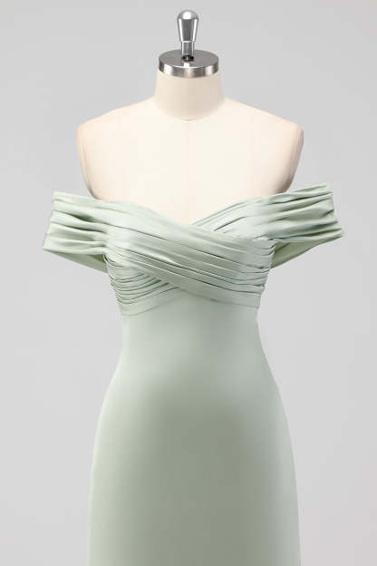 Off the Shoulder Sage Green Sheath Satin Bridesmaid Dress