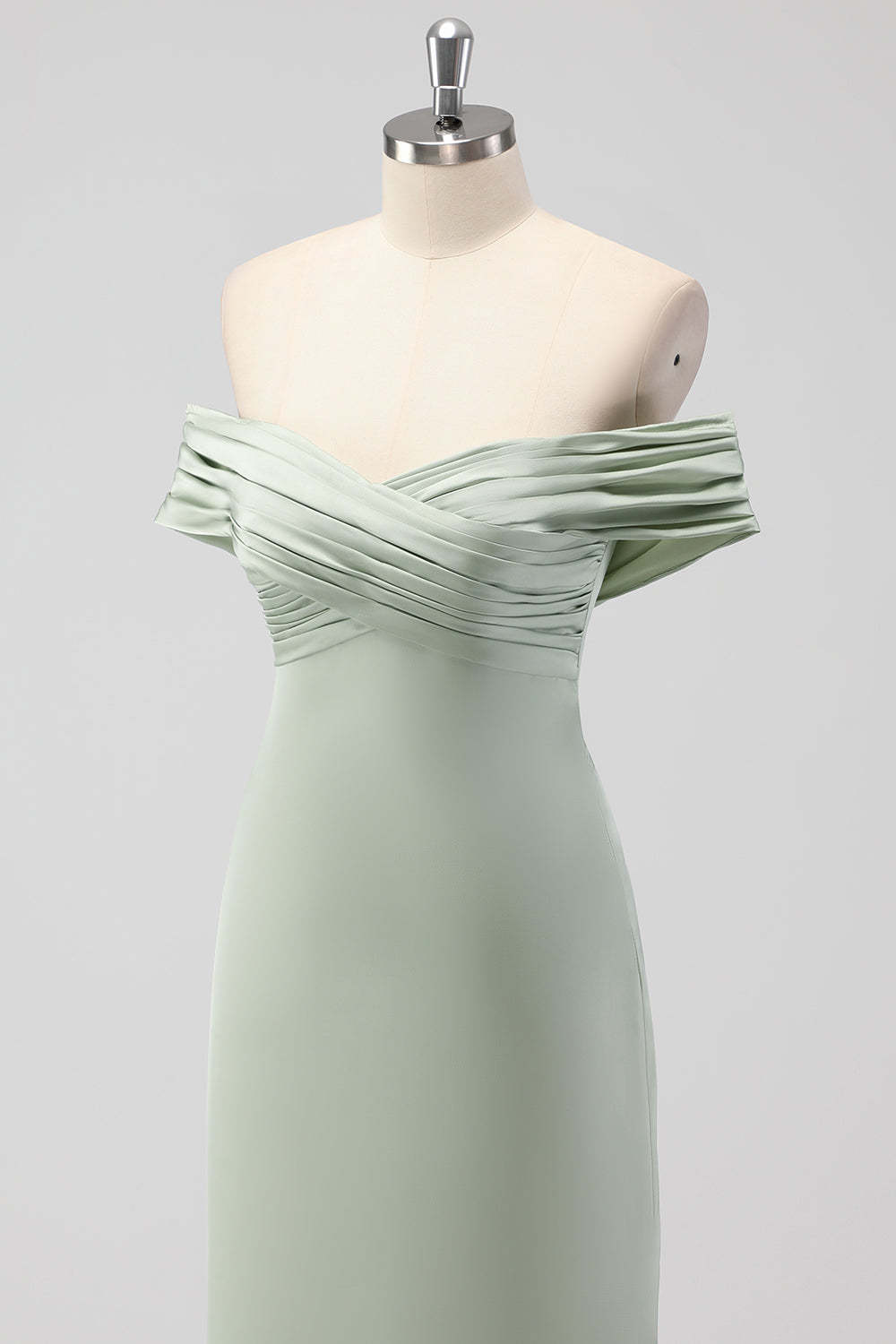 Off the Shoulder Sage Green Sheath Satin Bridesmaid Dress