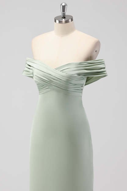 Off the Shoulder Sage Green Sheath Satin Bridesmaid Dress