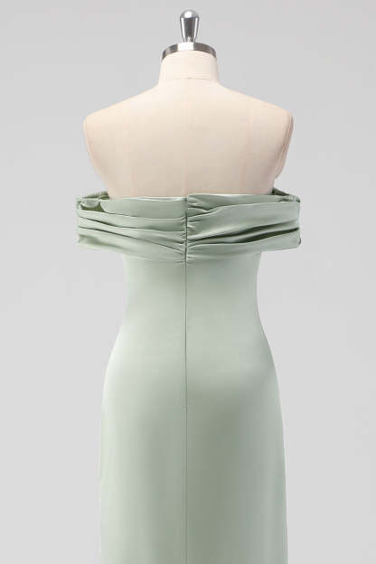 Off the Shoulder Sage Green Sheath Satin Bridesmaid Dress