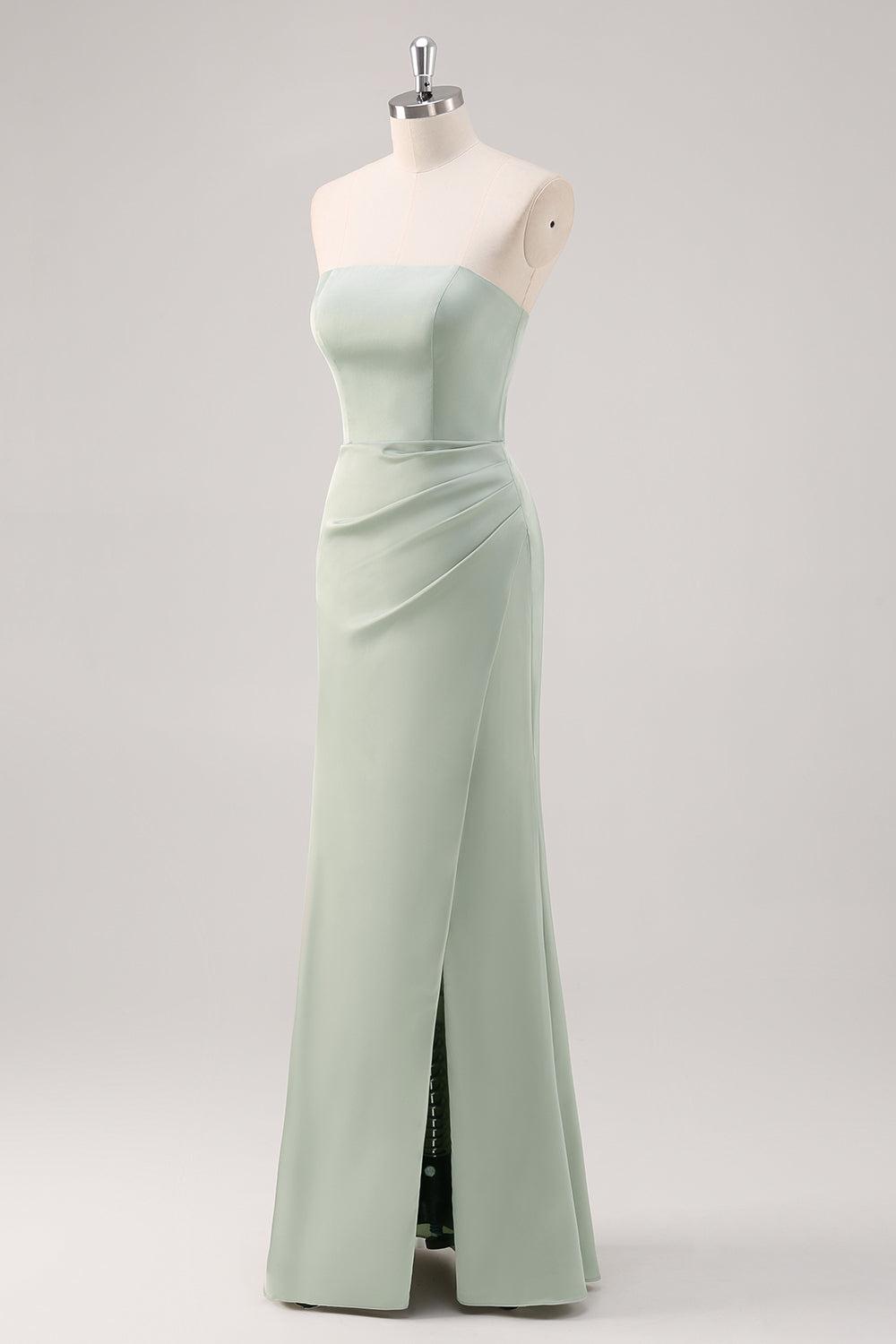 Mermaid Satin Strapless Sage Green Bridesmaid Dress with Slit