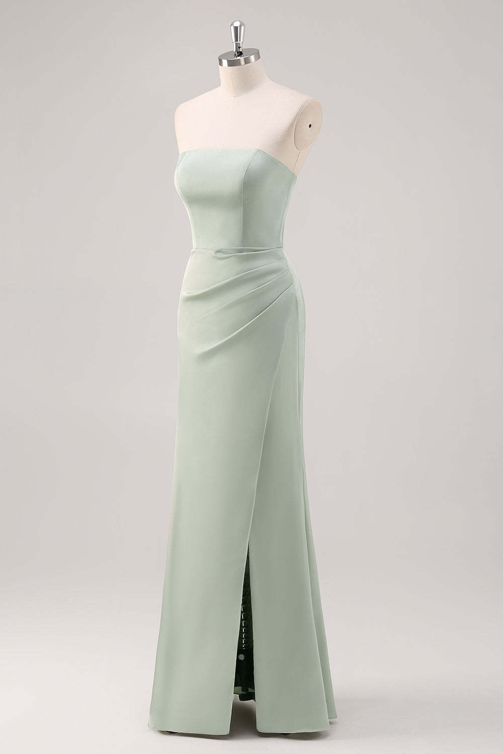 Mermaid Satin Strapless Sage Green Bridesmaid Dress with Slit