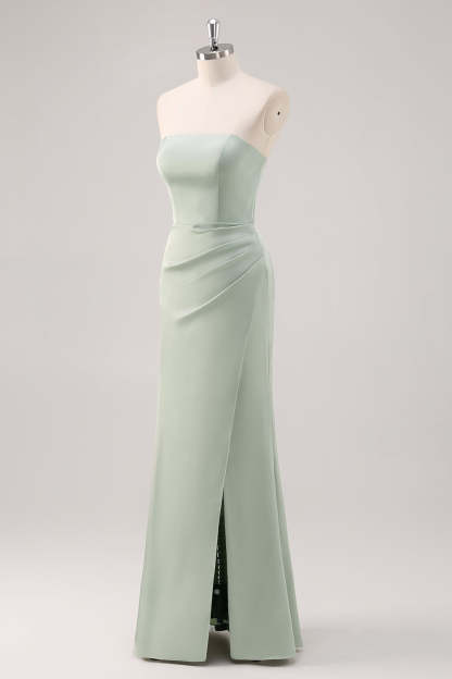 Mermaid Satin Strapless Sage Green Bridesmaid Dress with Slit