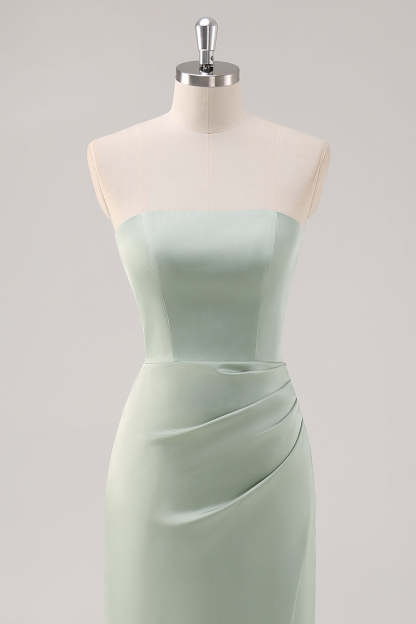 Mermaid Satin Strapless Sage Green Bridesmaid Dress with Slit