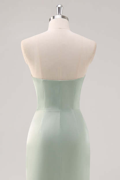 Mermaid Satin Strapless Sage Green Bridesmaid Dress with Slit