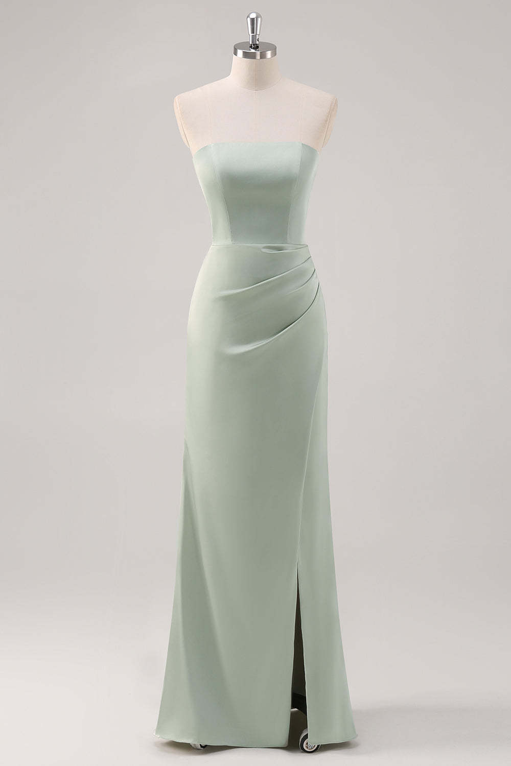 Leely Women Simple Satin Strapless Sage Green Bridesmaid Dress with Slit Sheath Long Wedding Guest Dress