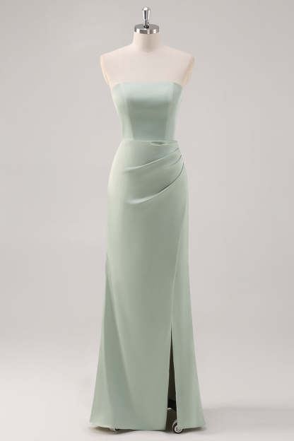 Leely Women Simple Satin Strapless Sage Green Bridesmaid Dress with Slit Sheath Long Wedding Guest Dress