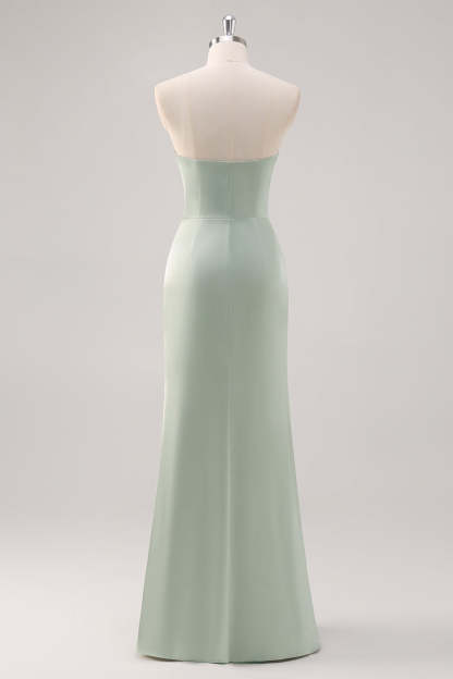 Mermaid Satin Strapless Sage Green Bridesmaid Dress with Slit