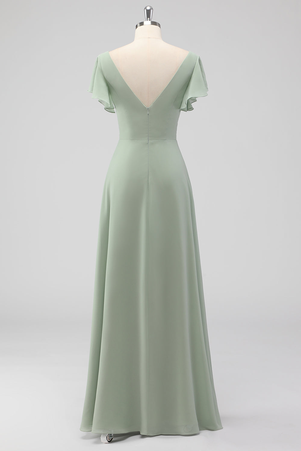 V Neck A Line Sage Green Ruffled Bridesmaid Dress with Slit