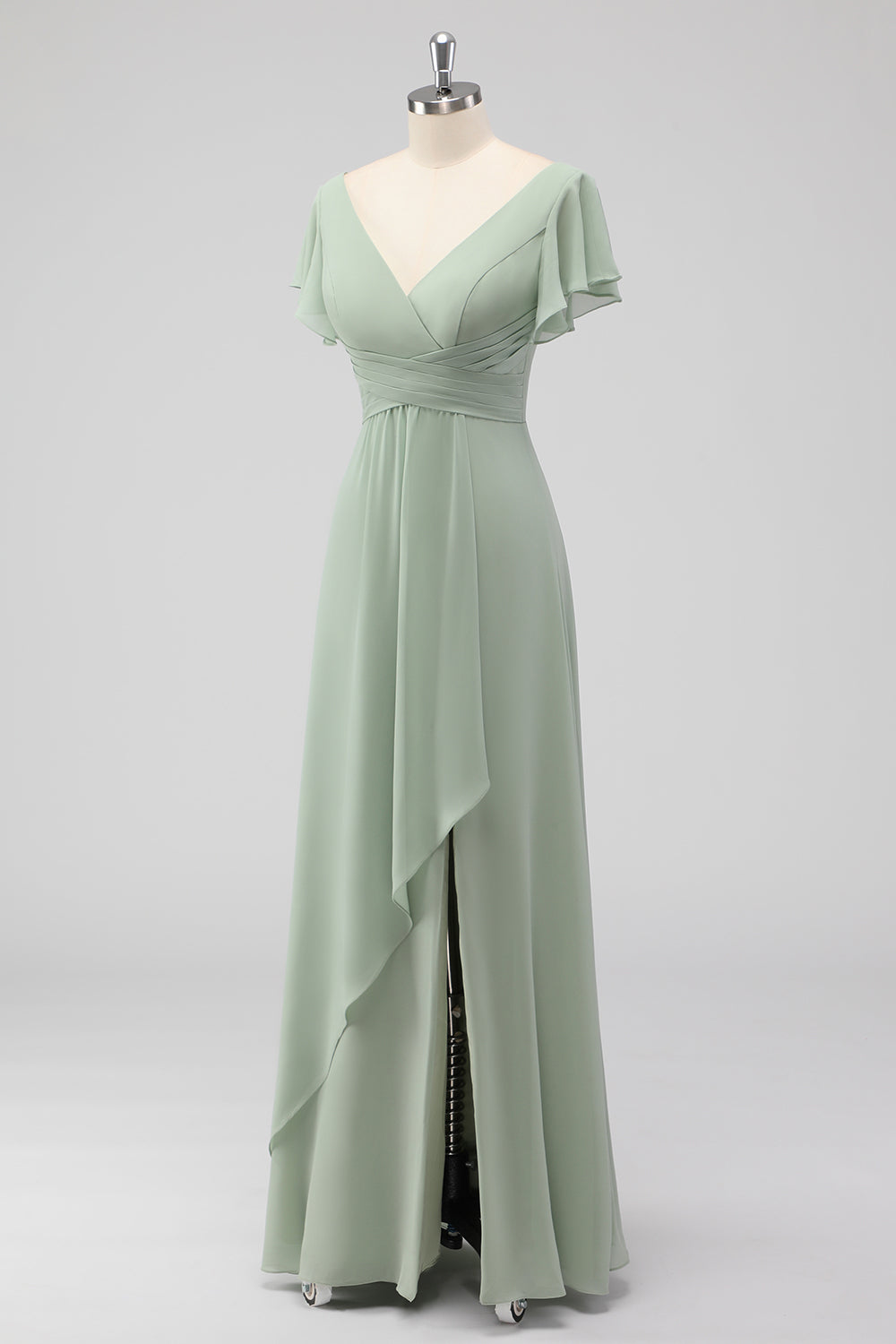 V Neck A Line Sage Green Ruffled Bridesmaid Dress with Slit