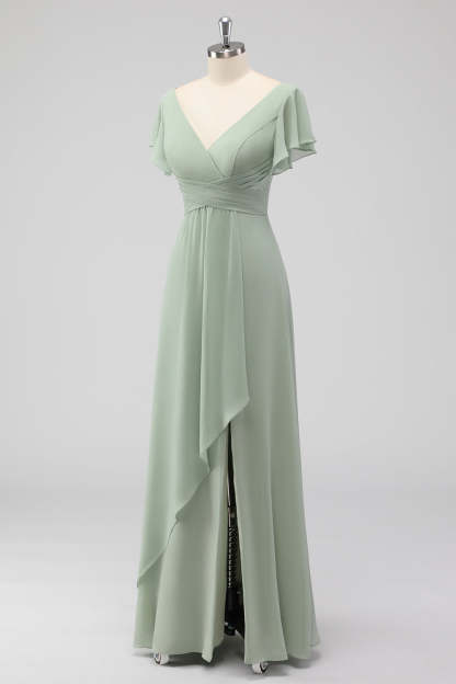 V Neck A Line Sage Green Ruffled Bridesmaid Dress with Slit