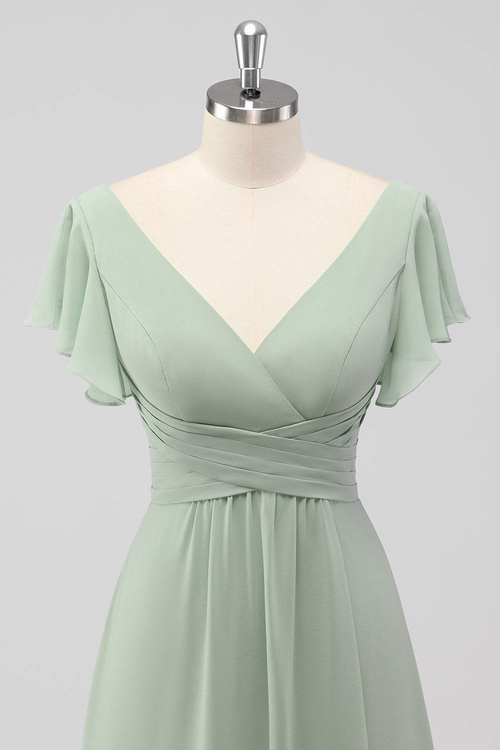V Neck A Line Sage Green Ruffled Bridesmaid Dress with Slit