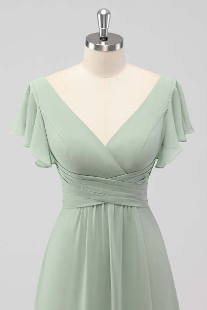 V Neck A Line Sage Green Ruffled Bridesmaid Dress with Slit