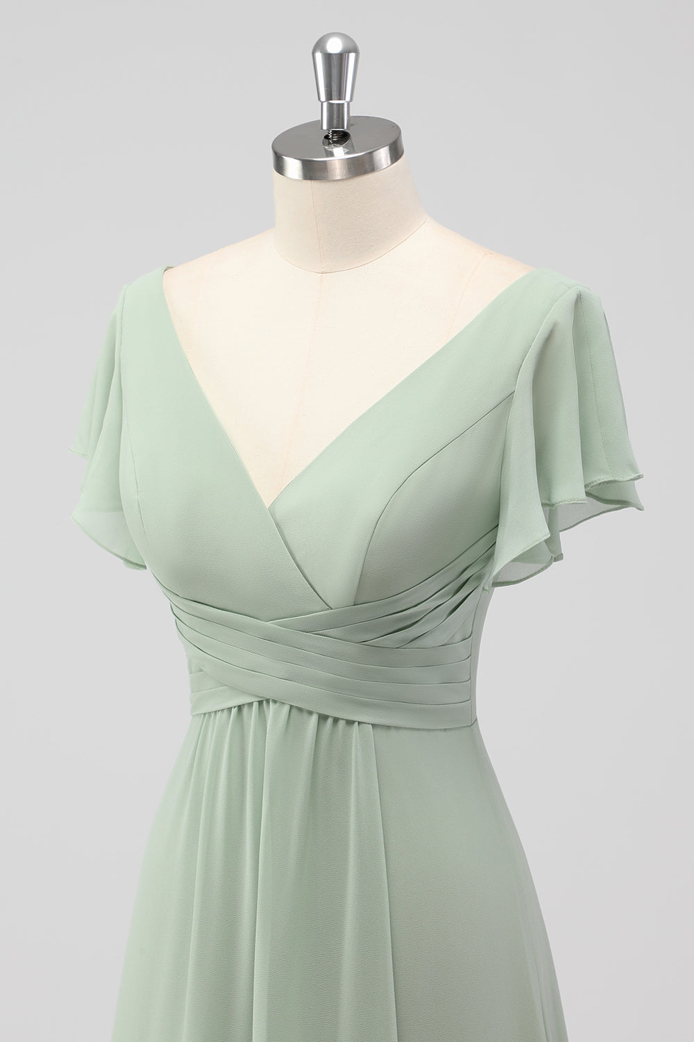 V Neck A Line Sage Green Ruffled Bridesmaid Dress with Slit