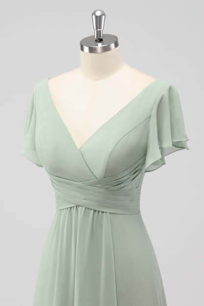 V Neck A Line Sage Green Ruffled Bridesmaid Dress with Slit