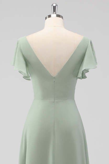 V Neck A Line Sage Green Ruffled Bridesmaid Dress with Slit