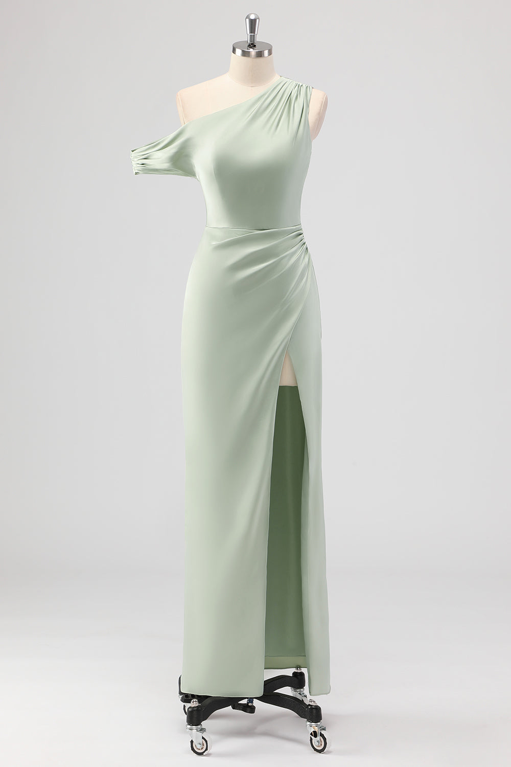 Leely Women Sage Green Sheath Bridesmaid Dress with Slit One Shoulder Satin Long Wedding Guest Dress