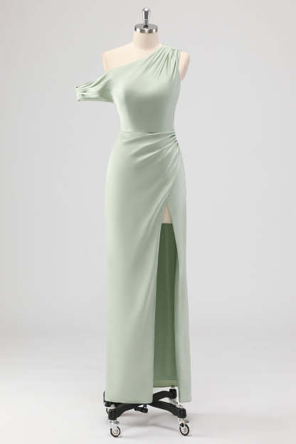 Leely Women Sage Green Sheath Bridesmaid Dress with Slit One Shoulder Satin Long Wedding Guest Dress
