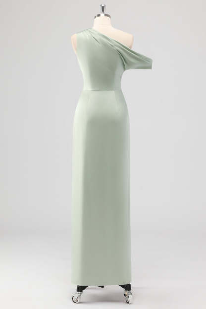 Sage Green One Shoulder Sheath Bridesmaid Dress with Slit