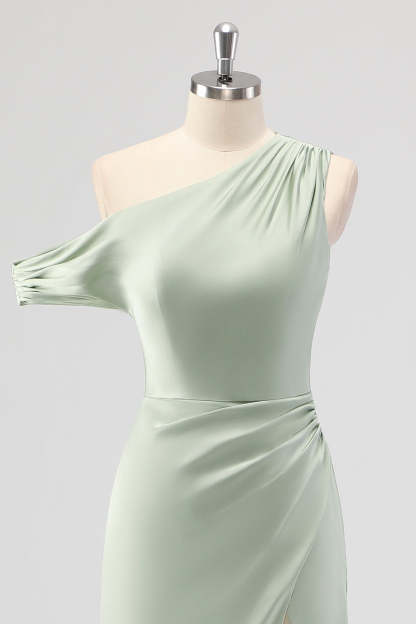 Sage Green One Shoulder Sheath Bridesmaid Dress with Slit