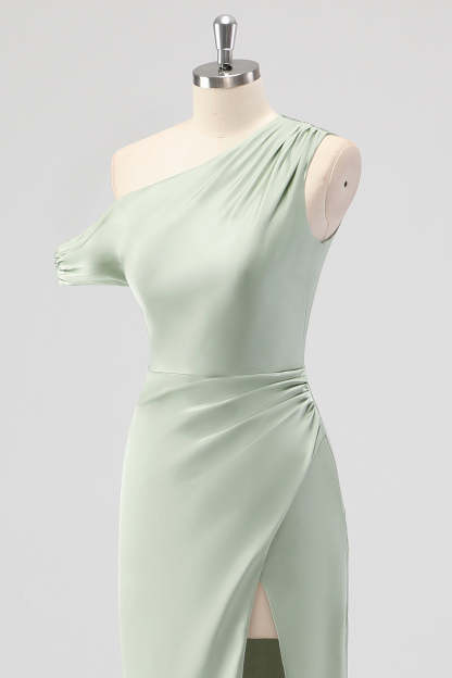 Sage Green One Shoulder Sheath Bridesmaid Dress with Slit