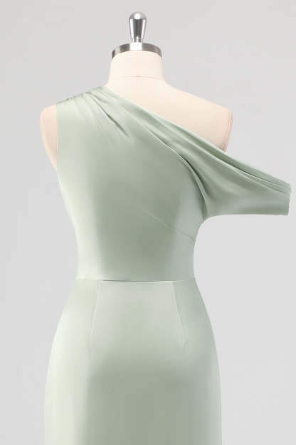 Sage Green One Shoulder Sheath Bridesmaid Dress with Slit