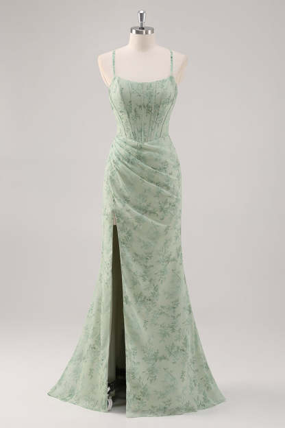 Leely Women Floral Green Corset Mermaid Bridesmaid Dress with Slit Spaghetti Straps Long Wedding Guest Dress