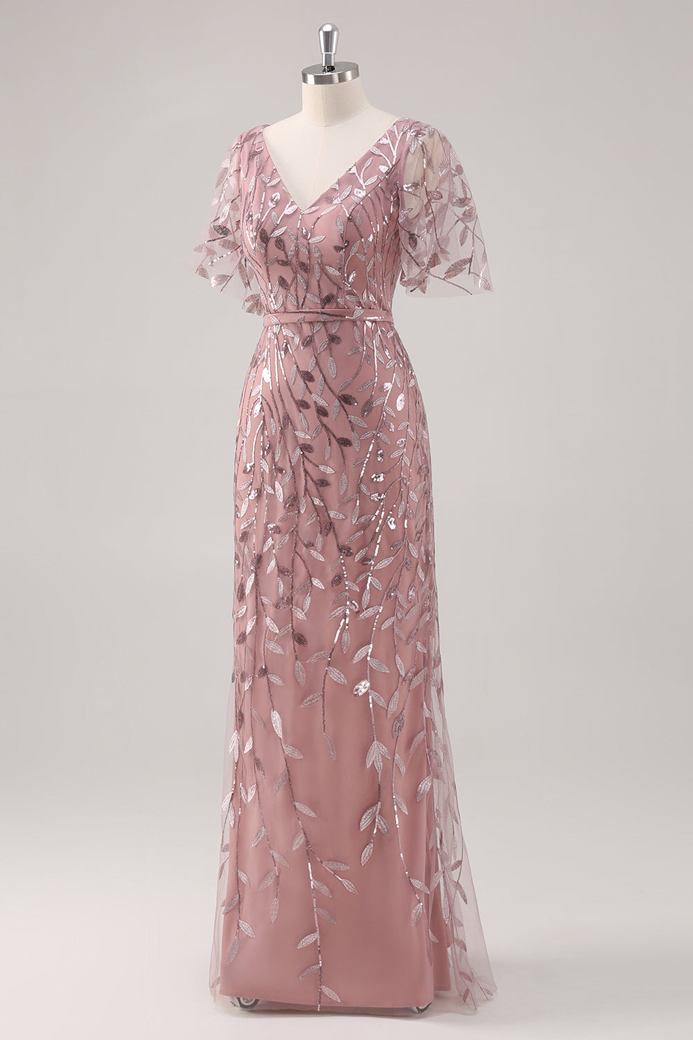 Dusty Rose V Neck Sheath Sequined Mother of the Bride Dress