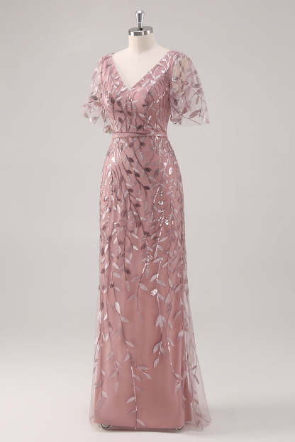 Dusty Rose V Neck Sheath Sequined Mother of the Bride Dress