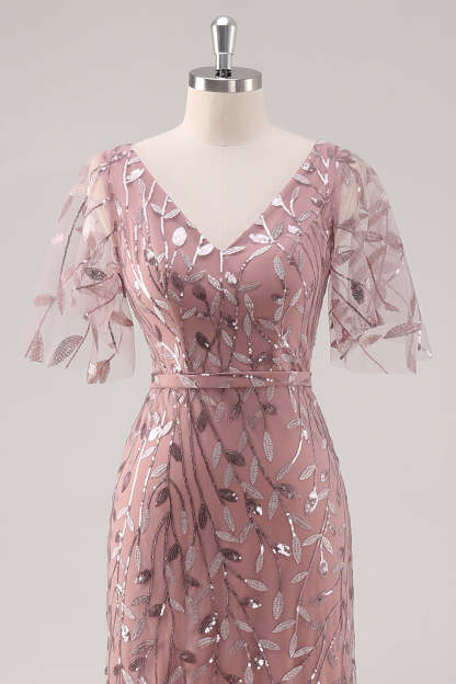 Dusty Rose V Neck Sheath Sequined Mother of the Bride Dress