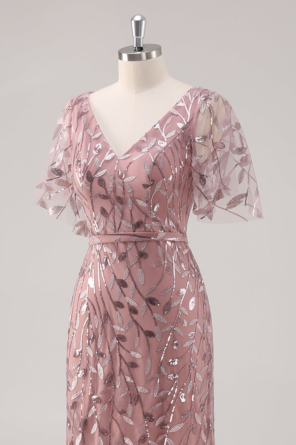Dusty Rose V Neck Sheath Sequined Mother of the Bride Dress