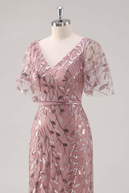 Dusty Rose V Neck Sheath Sequined Mother of the Bride Dress