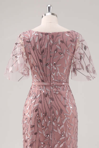 Dusty Rose V Neck Sheath Sequined Mother of the Bride Dress