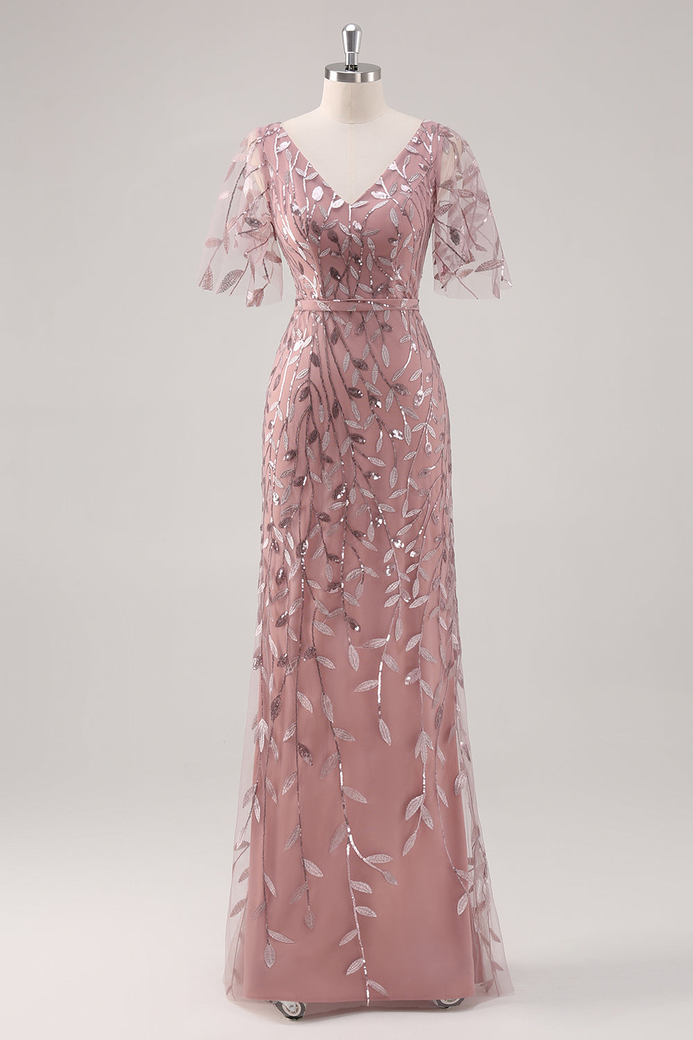 Leely Women Dusty Rose V Neck Sheath Mother of the Bride Dress Short Sleeves Sequin Embroidery Wedding Guest Dress